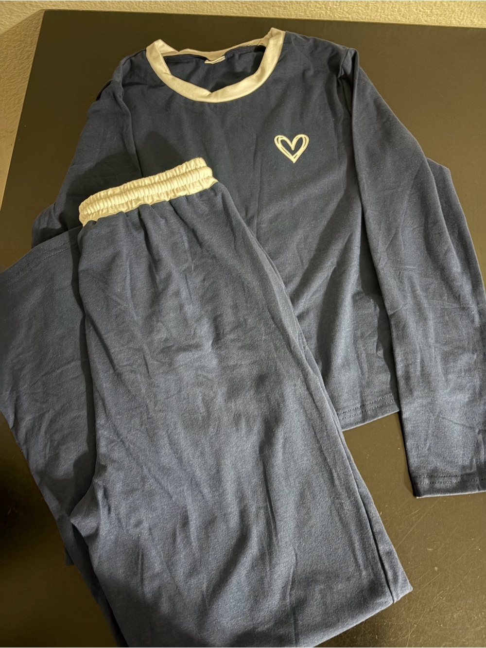 Girls Navy Blue Heart-Print Pajama Set with white Trim